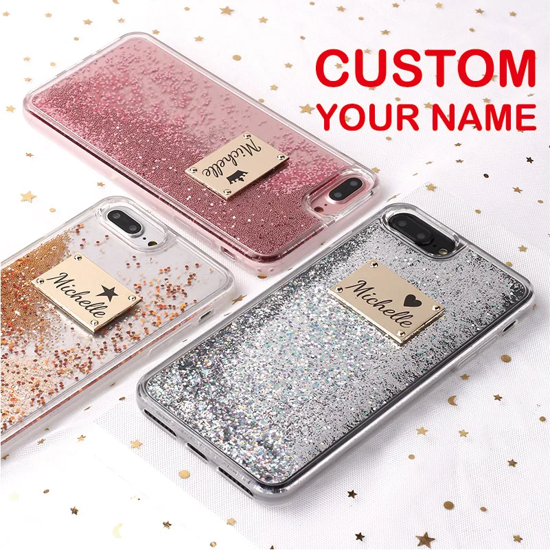

Custom Personalized Name Glitter Sparkle Metal Plate Laser Engrave Phone Case For iPhone 12 11 Pro 6S XS Max 7 7Plus 8 8Plus X