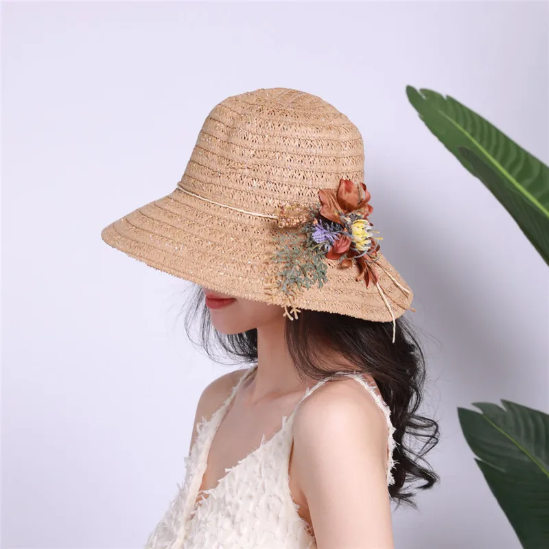 

Newly Women Sun Protective Hat Artificial Flower Decor Wide Brim Casual Beach Cap for Summer DO99