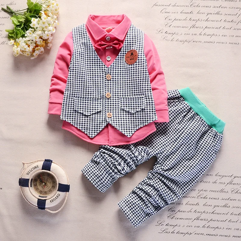 CUTEMOON baby boys clothes set spring autumn gentleman lattice suits vest+tops+pants 3pcs infant clothing fashion |