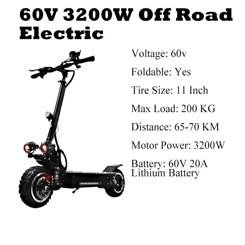 60V 20A 3200W 3200 Вт 60 в 80 км/ч Электрический скутер внедорожный подростковый мощный складной водонепроницаемый samsung ebike скейтборд на воздушной подушке 11 дюймов - Color: 60V 20A 3200W