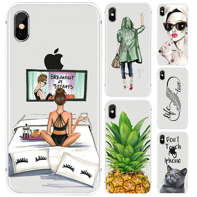 Силиконовый чехол для телефона iPhone X XS Max XR ананас девушка кошка перо чехлы 7 8 6 6s Plus