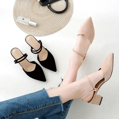 Новинка 2019 года сезон весна женская обувь на толстом высоком каблуке с острым