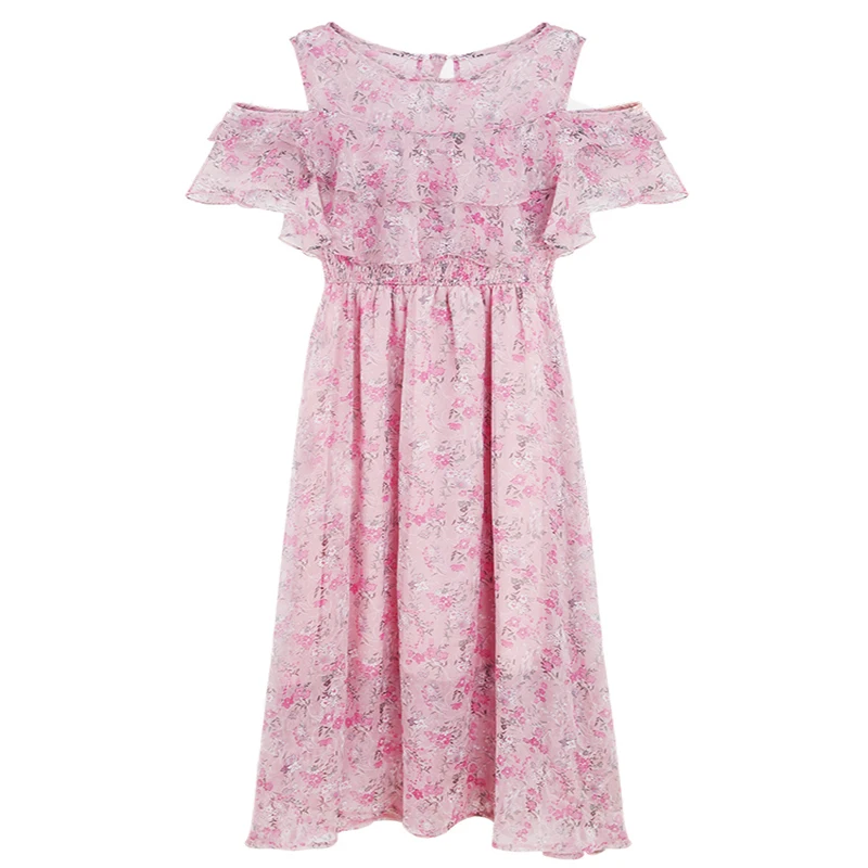 Женское шифоновое платье с открытыми плечами длинное розовое цветочным принтом