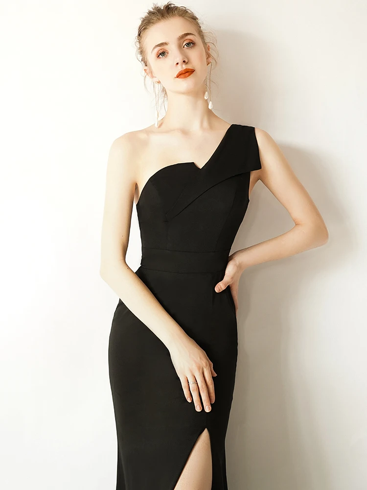 Винтажное длинное платье для выпускного вечера сексуальное черное с одним