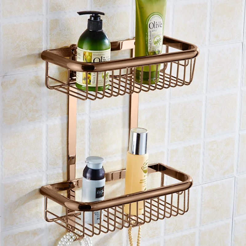 Однослойная/двухслойная полка для ванной комнаты золотистая латунная корзина