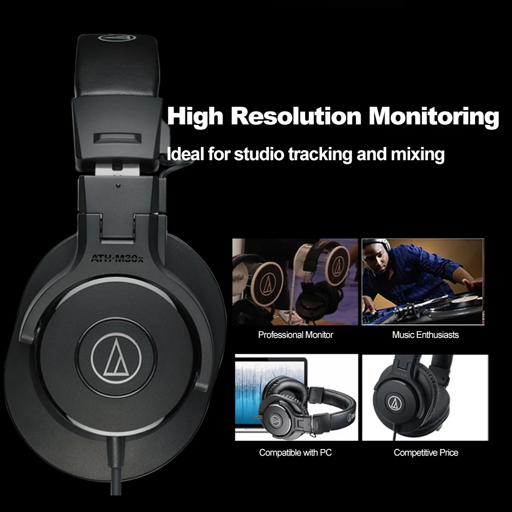Audio-Technica профессиональные мониторные наушники ATH-M30x закрытые задние динамические Накладные наушники HiFi складные 3,5 мм проводные наушники