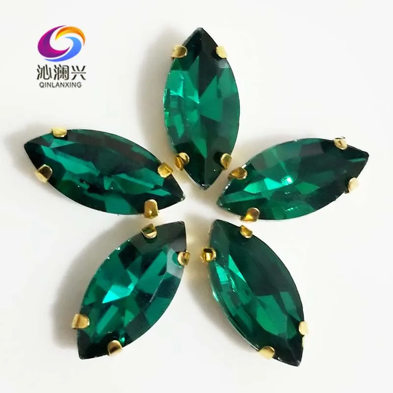 

Malachite green eye shape Glass Crystal sew on stones with holes,Golden bottom loose rhinestones Diy/Clothing accessories SWMG15