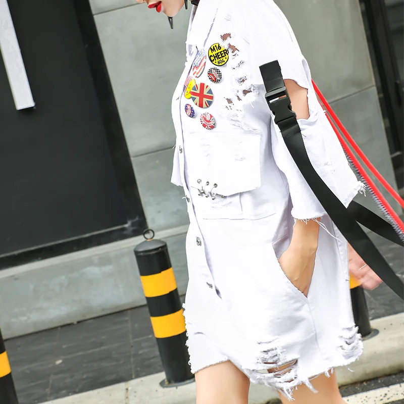Весна Лето женский Harajuku лента значка отверстие джинсовый комбинезон свободный