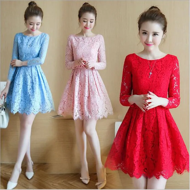Лето Осень кружевное платье корейский Мори девушка мини Vestidos Женщины с длинным рукавом темперамент Красное Кружевное платье черный, розовый, синий QC42