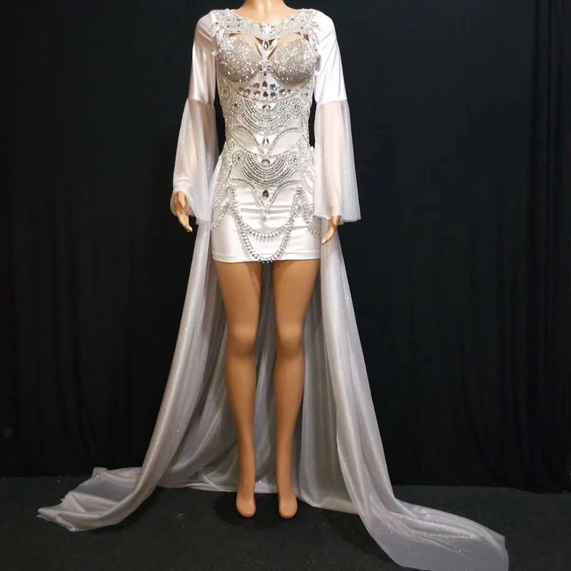 

DJ Costume Evening Party Rhinestones Dresses Birthday Celebrate Costume Trailing Skirt Sparkly Crystals Dress Rave Outfit DJ501