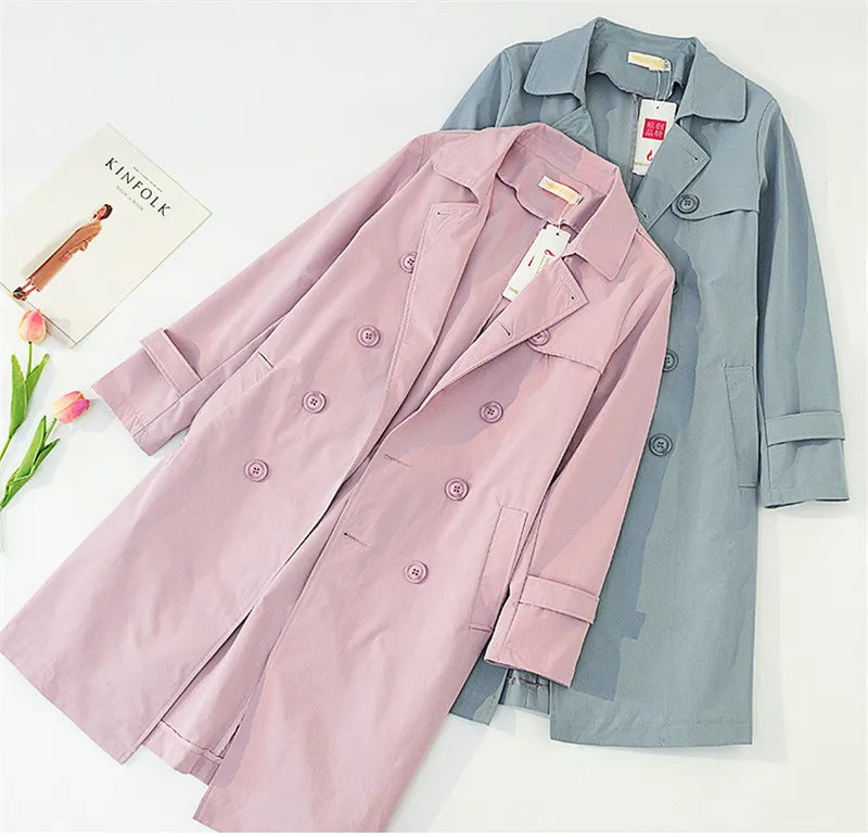 Plus size 5XL Cotton Trench Coat Women Spring Autumn Solid color Double-breasted Long Windbreaker Casual Tops Female Trench
