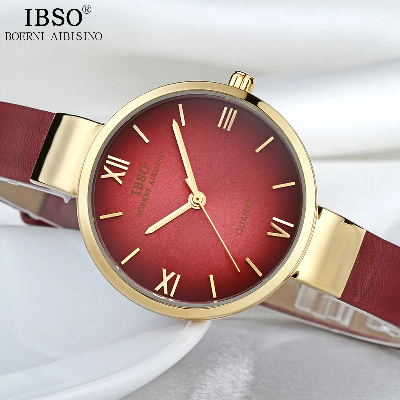 

Женские кварцевые часы IBSO, красные, с кожаным ремешком, роскошные, золотые, аналоговые, Reloj Mujer 2019, женские наручные часы #3923