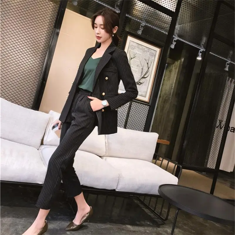 

Women 2019 new slim vertical stripes small suit suit professional ladies suit jacket nine points feet pants twosets High-quality