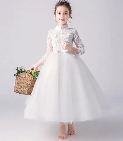 Fashion brand Handmade Lace Flower wedding Girls Dress With white Headband Long Sleeve Kids Pageant dress 4-12Y | Детская одежда и