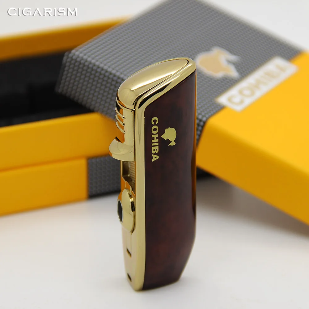 COHIBA Аксессуары карманный качественный Металлический Змеиный рот Форма бутан газ ветрозащитный 3 фонарь струи пламени прикуривателя W удар - Цвет: red  with box