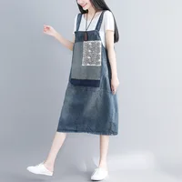 Summer Denim Overalls Dress Women Casual Loose Big Size Vintage Female Bib Dress Mori Girl Lace Patchwork Suspender Jeans Dress