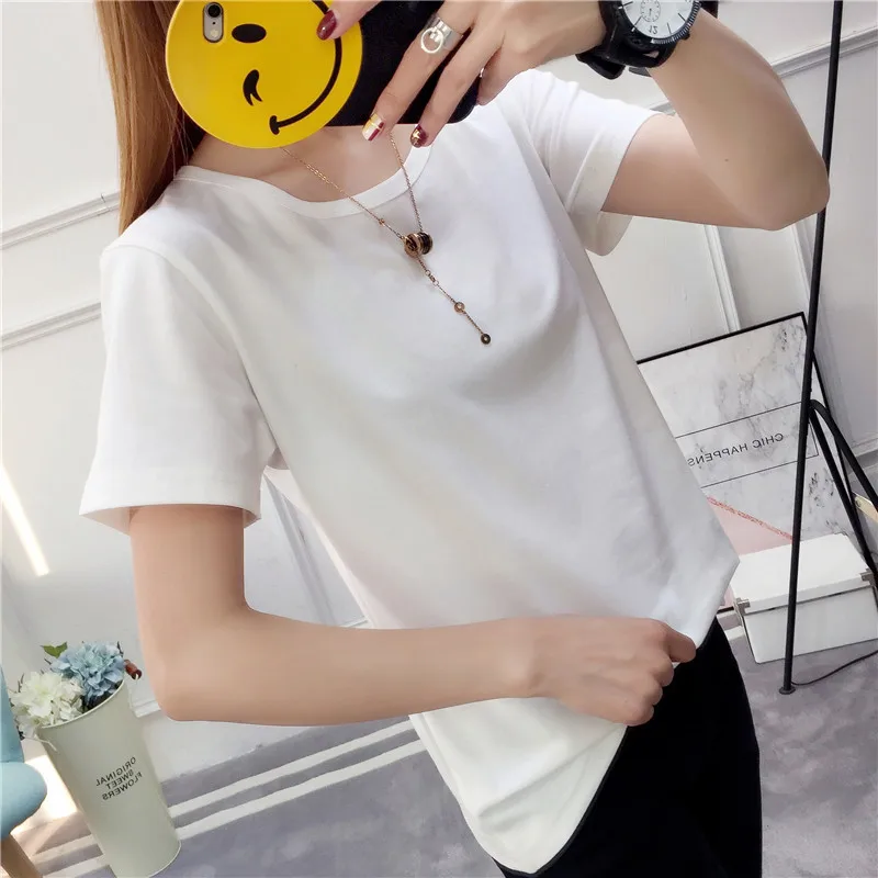 2019 летняя новая женская футболка из хлопка для похудения с круглым вырезом