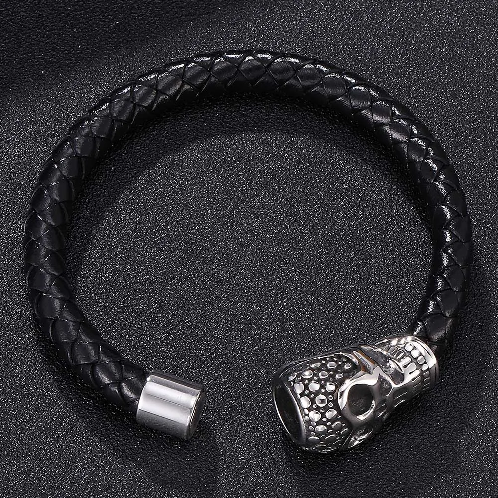 Fashion Jewelry Black Braided Leather Bracelets Men Stainless Steel Leahter Cool Skull Bracelet E0062 | Украшения и аксессуары