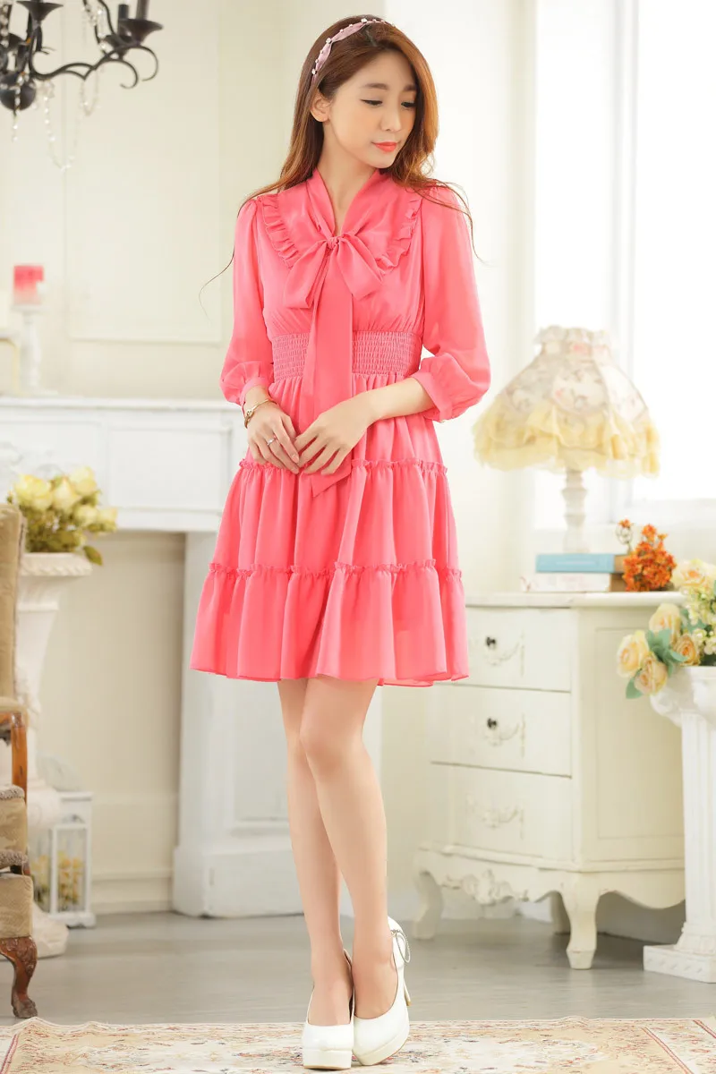 F~3XL Brand Plus Size Spring Elegant Bow Elastic Waist Tiered Women Beach Chiffon Pleat Female Casual Short Tunic Dress Vestidos | Женская