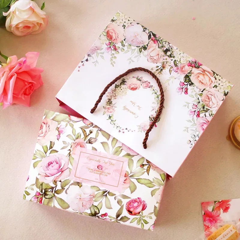 

21*14*5cm 5pcs spring rose in garden Cookie mooncake Gift Paper Box and bag Macaron Chocolate Snacks Sweet Candy Storage Boxes
