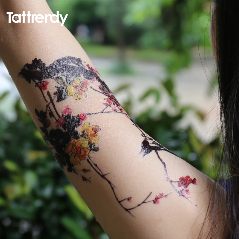 Китайские монохромы Wintersweet Flower Bird Tattoo серии черные чернила и Моющиеся