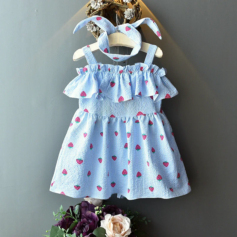 Платье для девочек с повязкой на голову летние детские платья принтом клубники