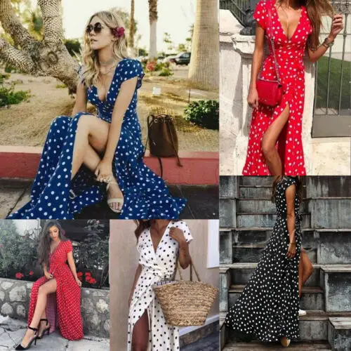 ZOGAA Women Boho Wave Point Maxi V Neck Long Dress Summer Beach Slit Spilt Sundress Dot vintage sexy women dress | Женская одежда