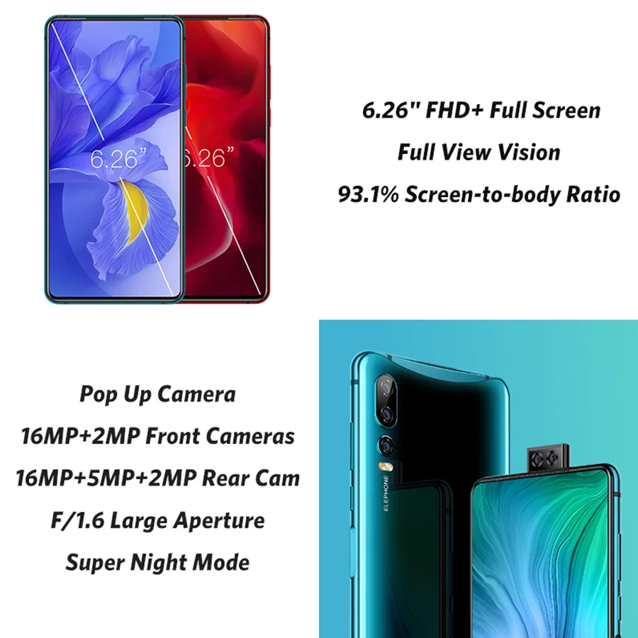 Elephone U2 16MP Pop Up Камера 6 26 &quotFHD + безрамочный экран с Экран Android 9 0 MT6771T Octa Core ГБ 128 Face ID 4