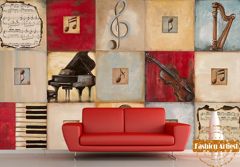 Настенные обои на заказ с изображением музыкальных нот и персонажей деревянная