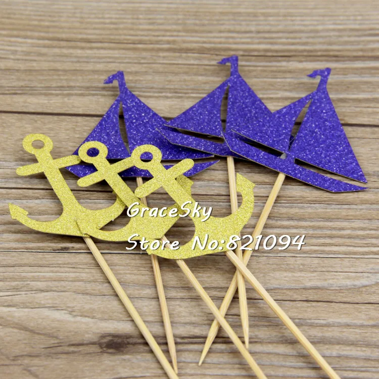 

24pcs free shipping Glitter Anchor & boat sail design Birthday Wedding Party Cake Toppers Christmas Party Favors cupcake picks