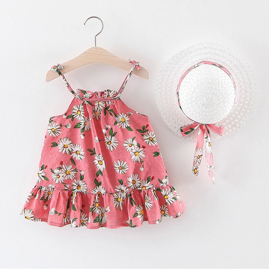 Girls Summer Dress casual Princess Party Dresses Sleeveless sling flower ruffled dress princess + straw hat L0702 | Детская одежда и