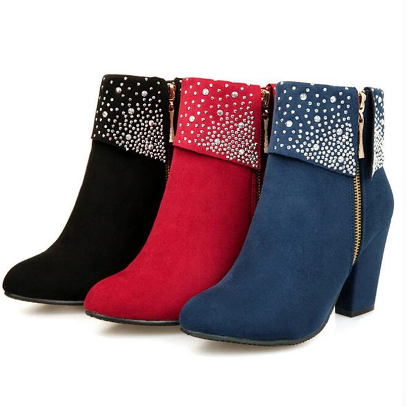Женские ботильоны на толстом каблуке молнии размеры 34 43|rhinestone ankle boots|fashion bootsankle