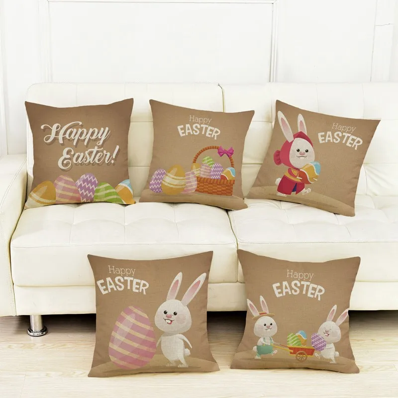 

2018 Easter Home Decor Pillows Happy Easter Benny Rabbit Eggs Print Cotton Linen Sofa Throw Pillow Cases Car Cushion Cover 45x45