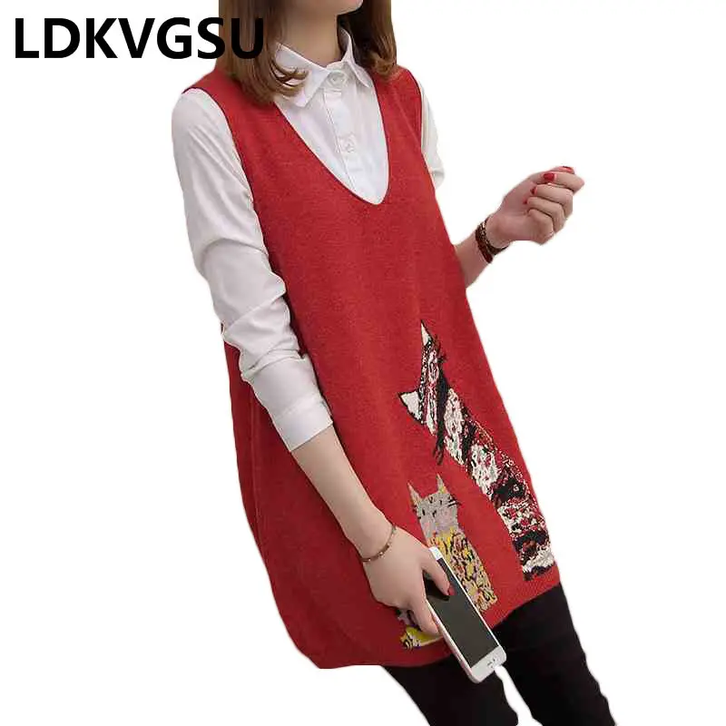 Свитер женский длинный корейский свободный без рукавов с треугольным вырезом на