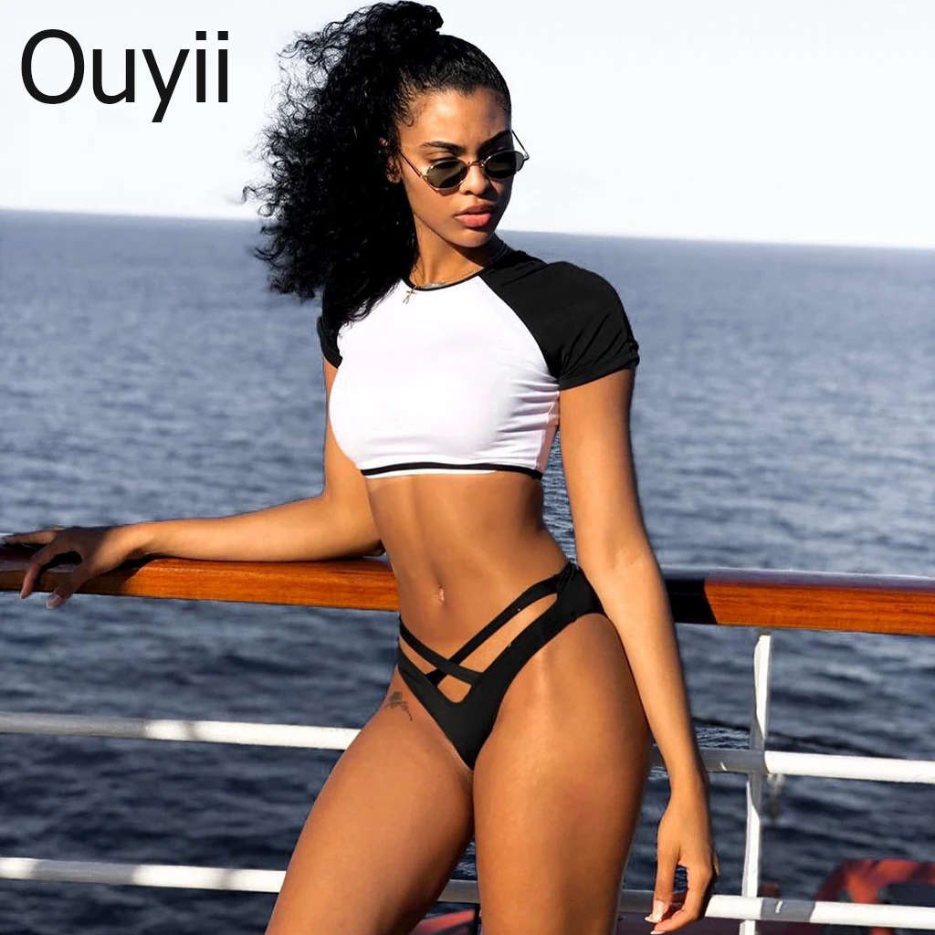 Женский купальник бикини однотонный раздельный с коротким рукавом и низкой