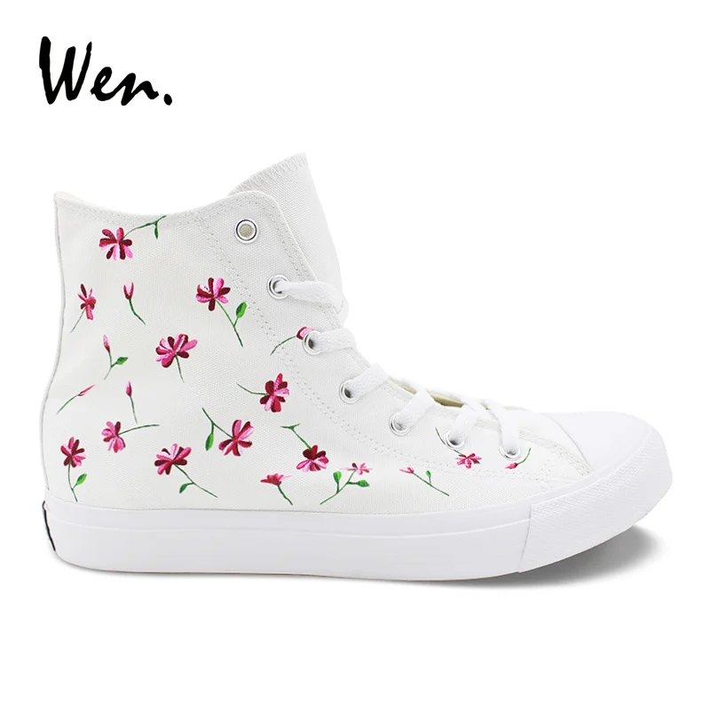 

Wen White Womens Casual Shoes Design Custom Pink Floral Flower Hand Painted Shoes Hi-top Female Canvas Sneakers for Holiday Gift