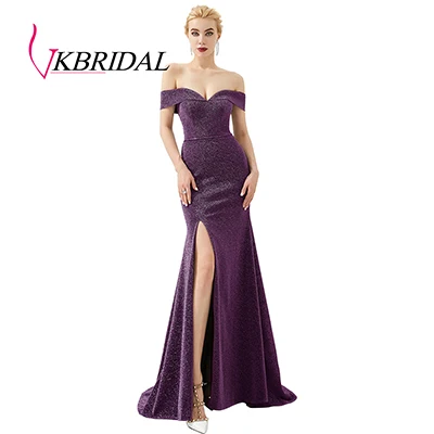 Purple VKbridal сексуальное платье с открытым плечом и Высоким Разрезом Длинное Сверкающее вечернее платье Русалка платья блестящие платья подружки невесты Плюс Размер - Цвет: Purple