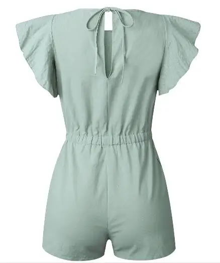 

Women Summer Playsuits Jumpsuit Short Cotton Linen Casual Ruffles Elastic Waist Sexy Rompers Overalls Mono Mujer beach bodysuit