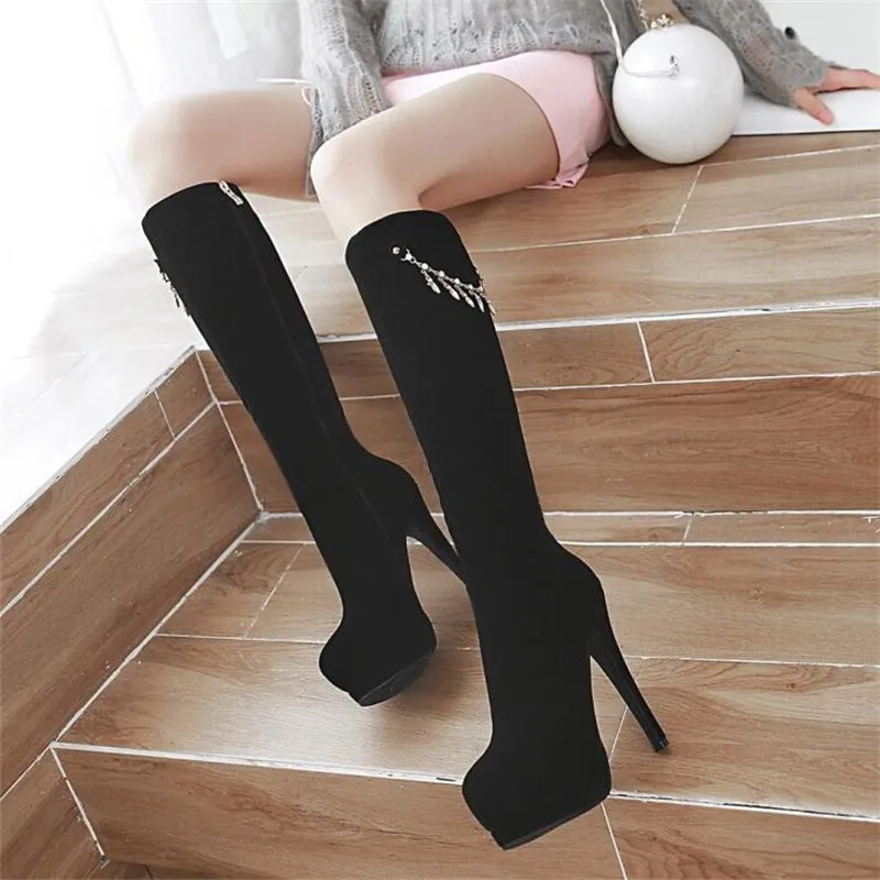 winter New pattern fashion Round head gules sexy Suede Thin leg Elastic force Boots Fine heel Add wool Keep warm Women Boots