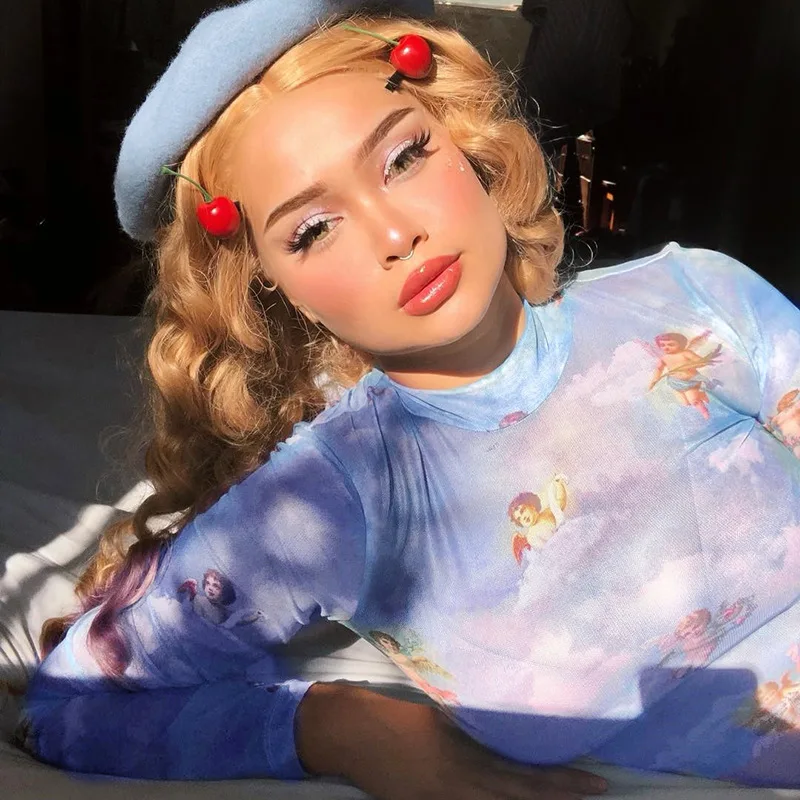 BOOFEENAA Cupid Angel Print Blue Mesh Turtleneck Long Sleeve Crop Top Graphic Tees Women Harajuku T Shirt Spring 2019 C66-I00 | Женская