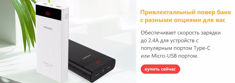 PowerBank Pisen Портативный внешний аккумулятор Общая емкость 20000 мАч Зарядное устройство для смартфонов и планшетов