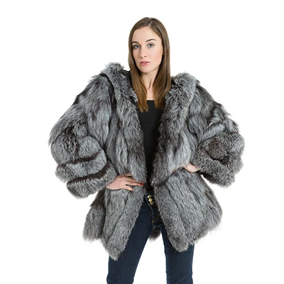 Silver FURSARCAR модные элегантные Настоящее лисы меховой чёрно-серебристой цвет с шляпы и карман для пальто Толстые на теплом меху зимние женские пальто BF-C0060 - Цвет: Silver