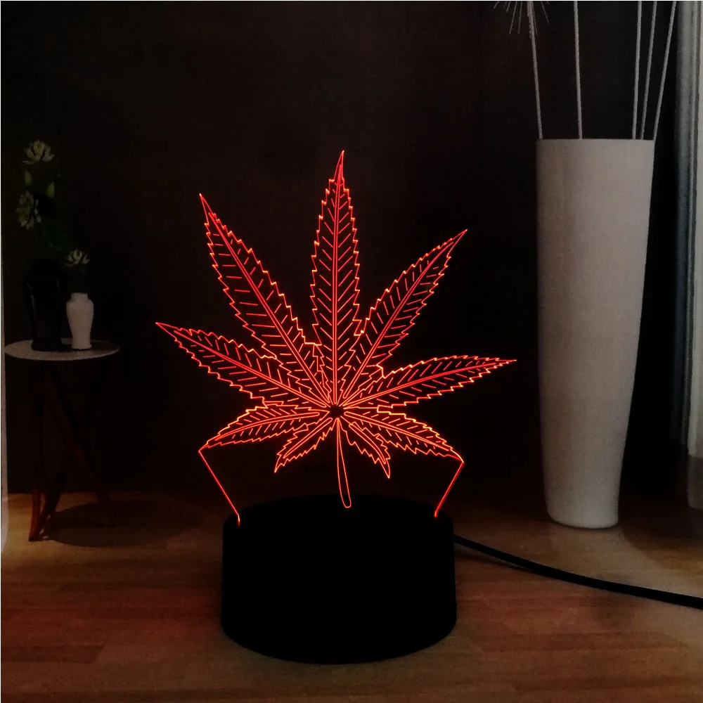 Новинка, акриловое растение, травка, лист конопли, 3D иллюзия, светодиодный Декор, для спальни, RGB, USB, база, Настольный светильник, ночник, милое настроение, подарок на праздник, для друзей