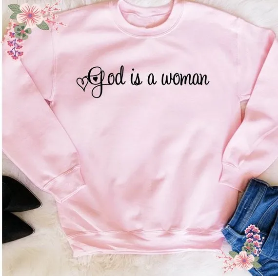 

Sugarbaby God is a woman Crew neck Sweatshirt No tears left you cry Ariana Grande inspired song Christmas Gift Pink Jumper