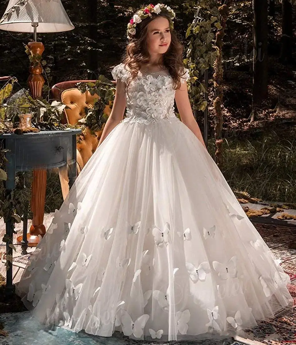 

2018 Ivory Princess Ball Gown Short Sleeves Flower Girl Dress with Butterfly Beaded Crystal Girls Pageant Dress First communion