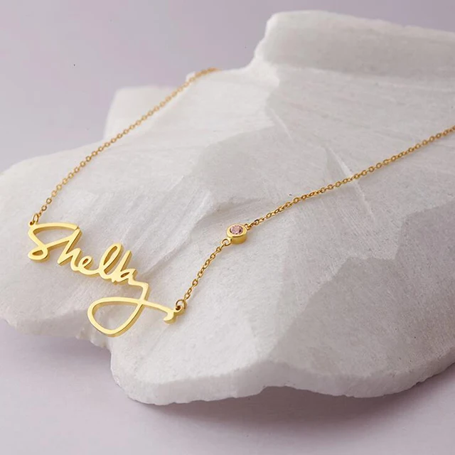 Персонализированное золота Для женщин Подпись Цепочки и ожерелья с Birthstone