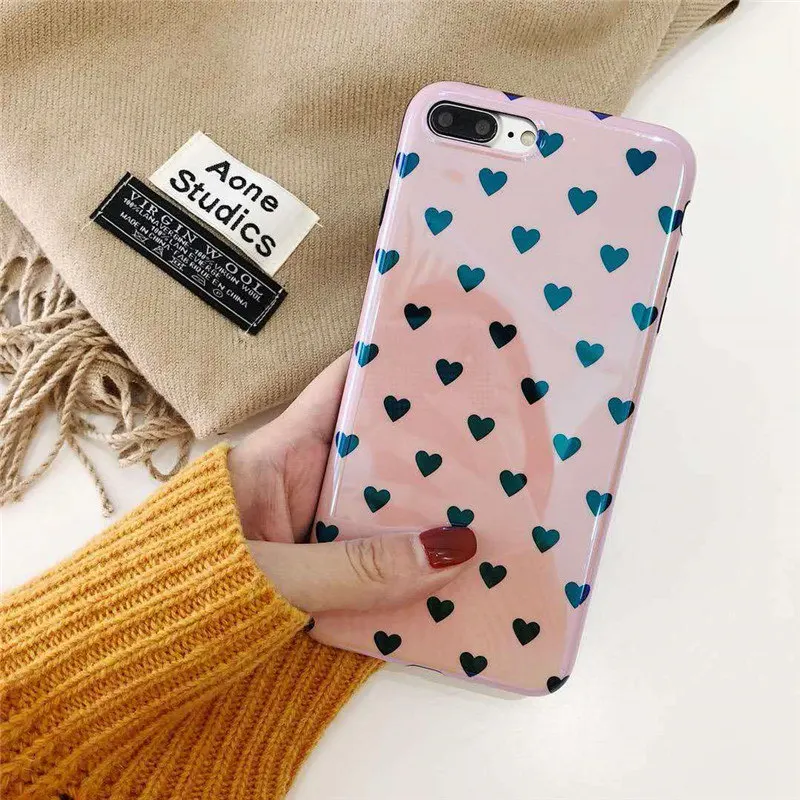 Newly Blue Light Ray Case Cute Navy Pink Love Hearts Pattern Phone Full Covers For iPhone X 6 6s Plus 7 8 Fundas Coque Capa |