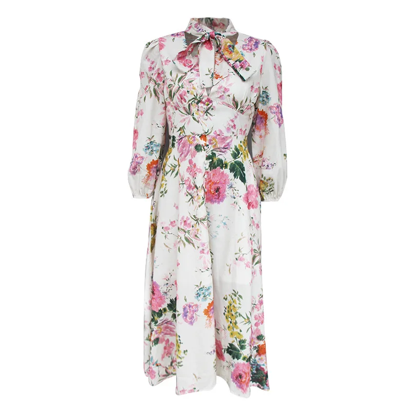 2019 Новое Женское Платье с принтом длинный рукав галстуком бабочкой