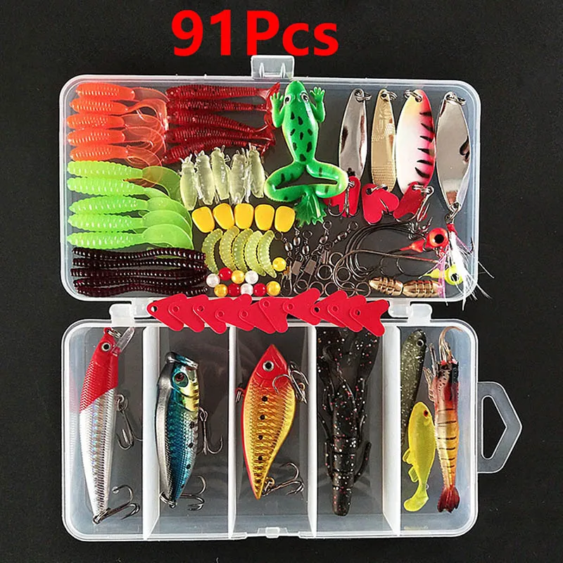 91Pcs 45-139 шт. Набор для приманки, Спиннер, кренкбейт, гольян, Поппер, VIB, мягкая жесткая ложка, кренк, приманки, рыболовные крючки, рыболовные инструменты, коробка для снастей - Цвет: 91Pcs