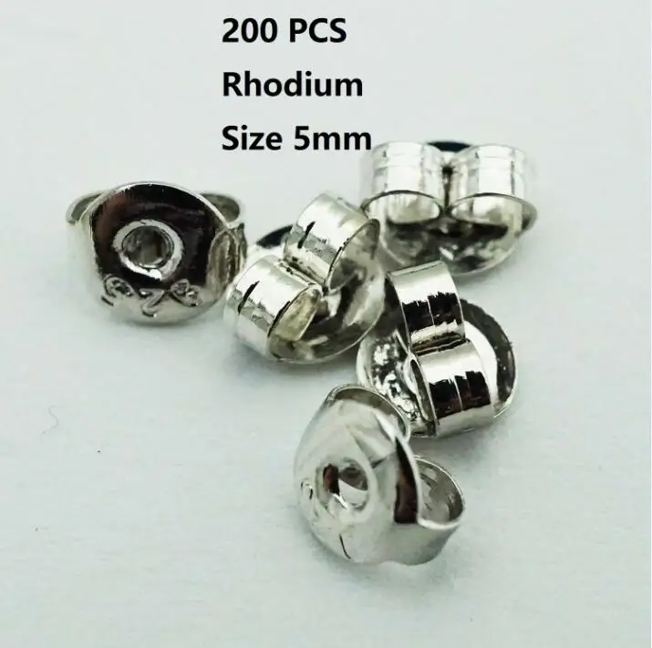 Rhodium 200 шт./лот, 5 мм, безопасная пуля, Бабочка, пробка, металлические, для изготовления женских украшений, аксессуары, сделай сам, части, затычки для ушей - Цвет: Rhodium